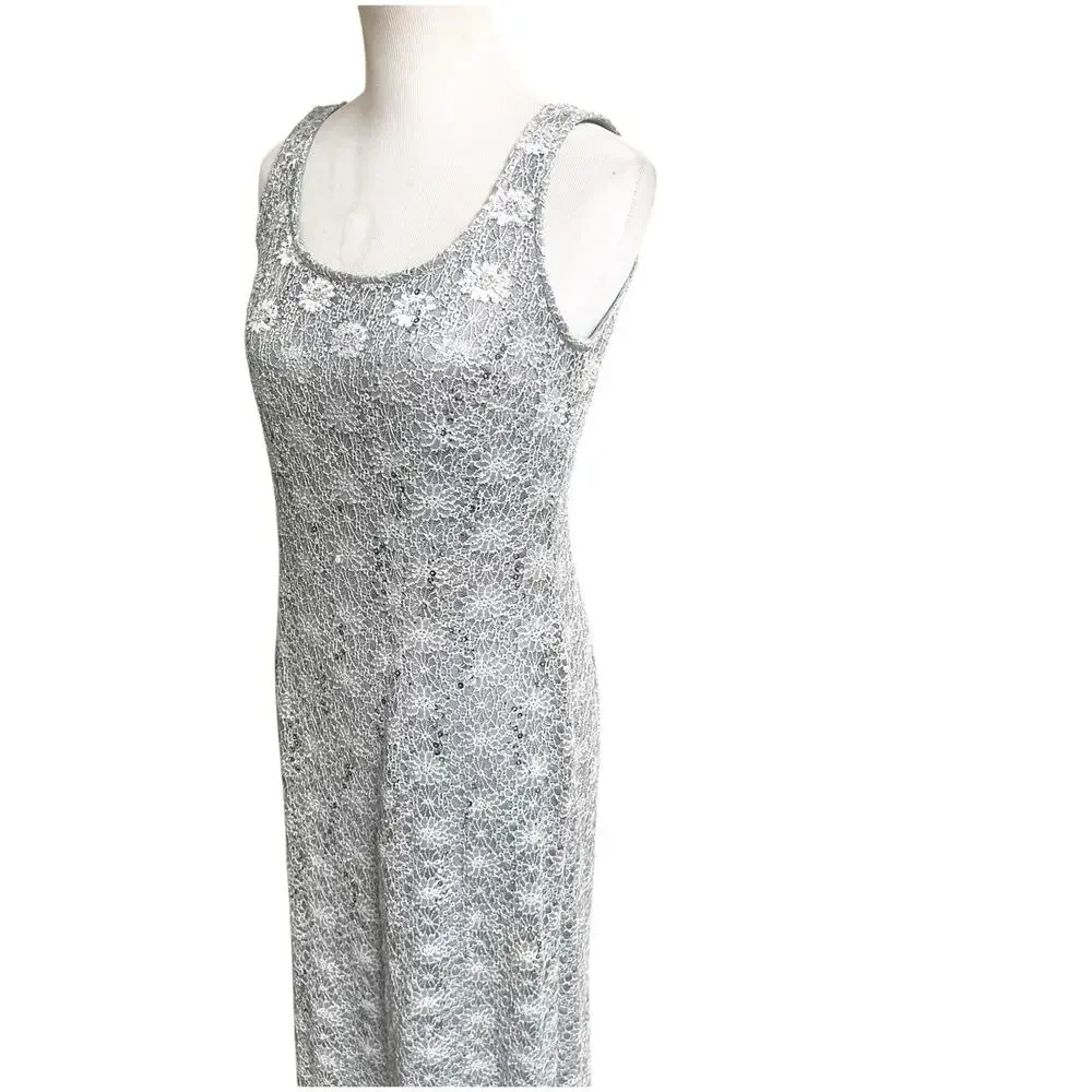 R&M Richards Vintage Sequin Maxi Dress Silver Size 8 Fairy Godmother Y2K 90’s